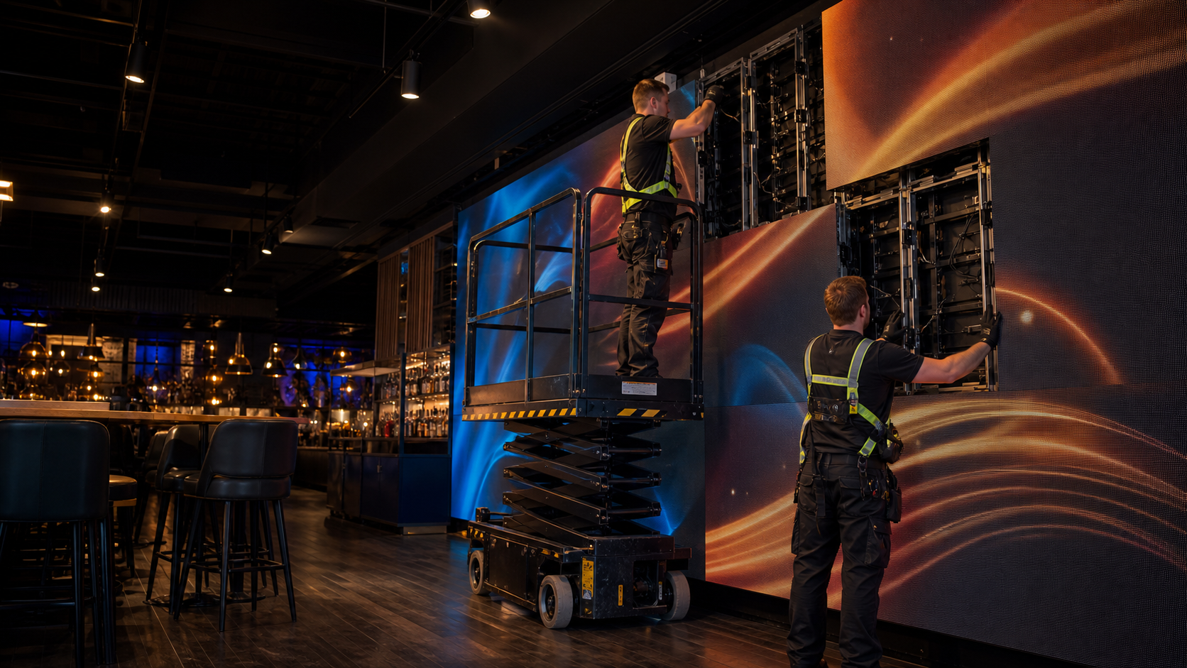 Concept image: technicians installing a modular LED wall in a hospitality venue