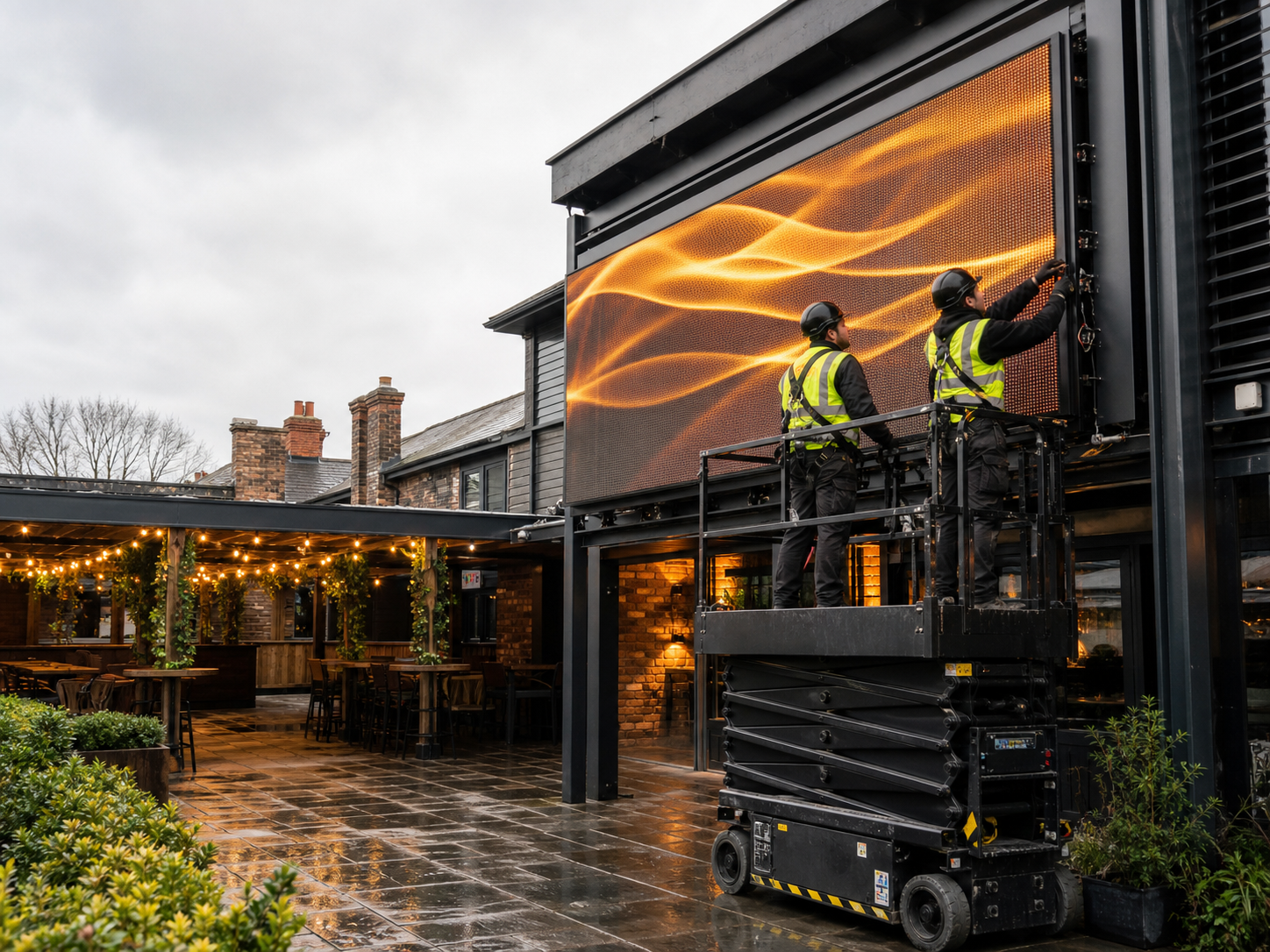 Concept image: technicians installing a weatherproof outdoor LED display