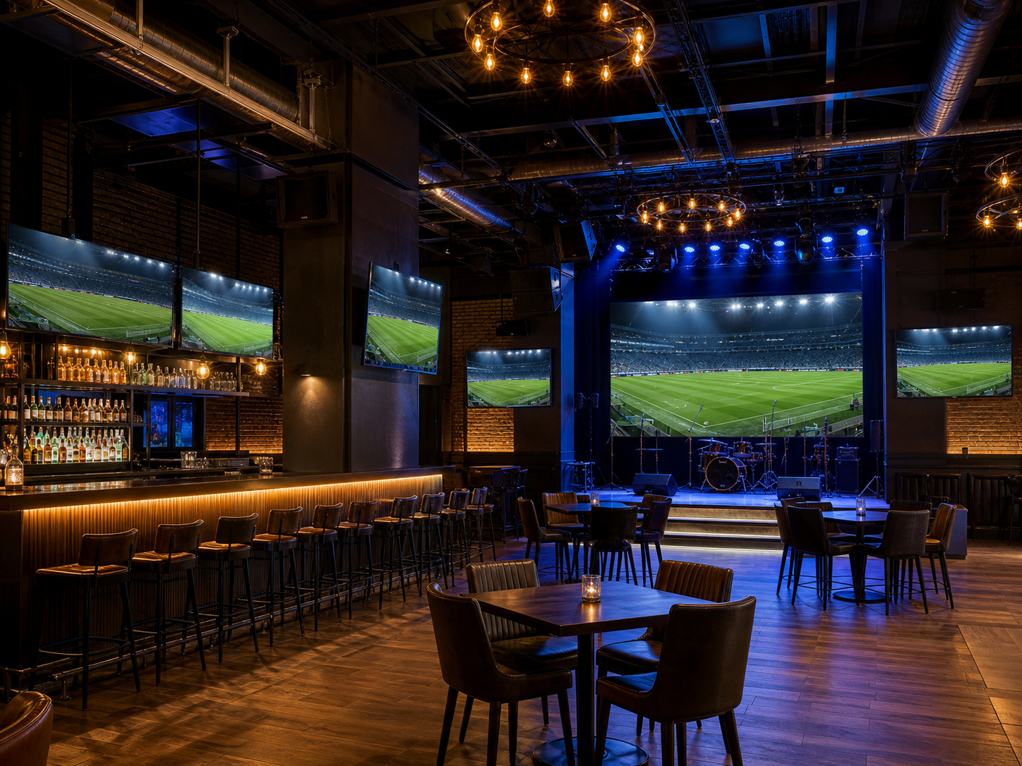 Concept image: integrated screens, audio and lighting in a hospitality venue